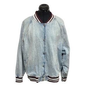 Wild Fable Womens XL Acid Wash Denim Varsity Bomber Jacket Light Blue Cotton